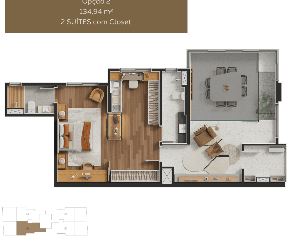 Gallery_PLanta Duplex Superior_134m²_2 Suites com Closet